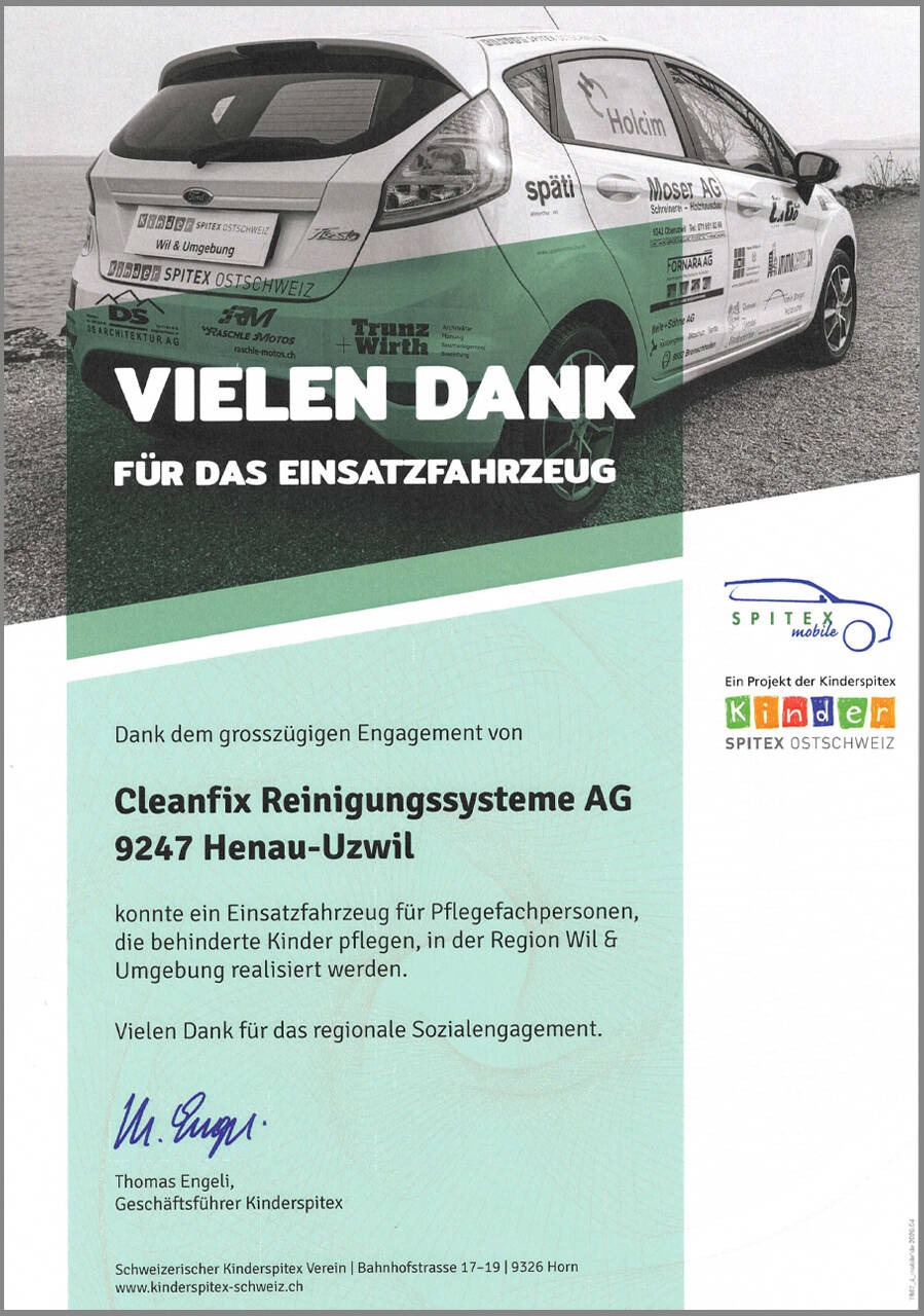Cleanfix Sponsoring Urkunde Kinderspitex Ostschweiz